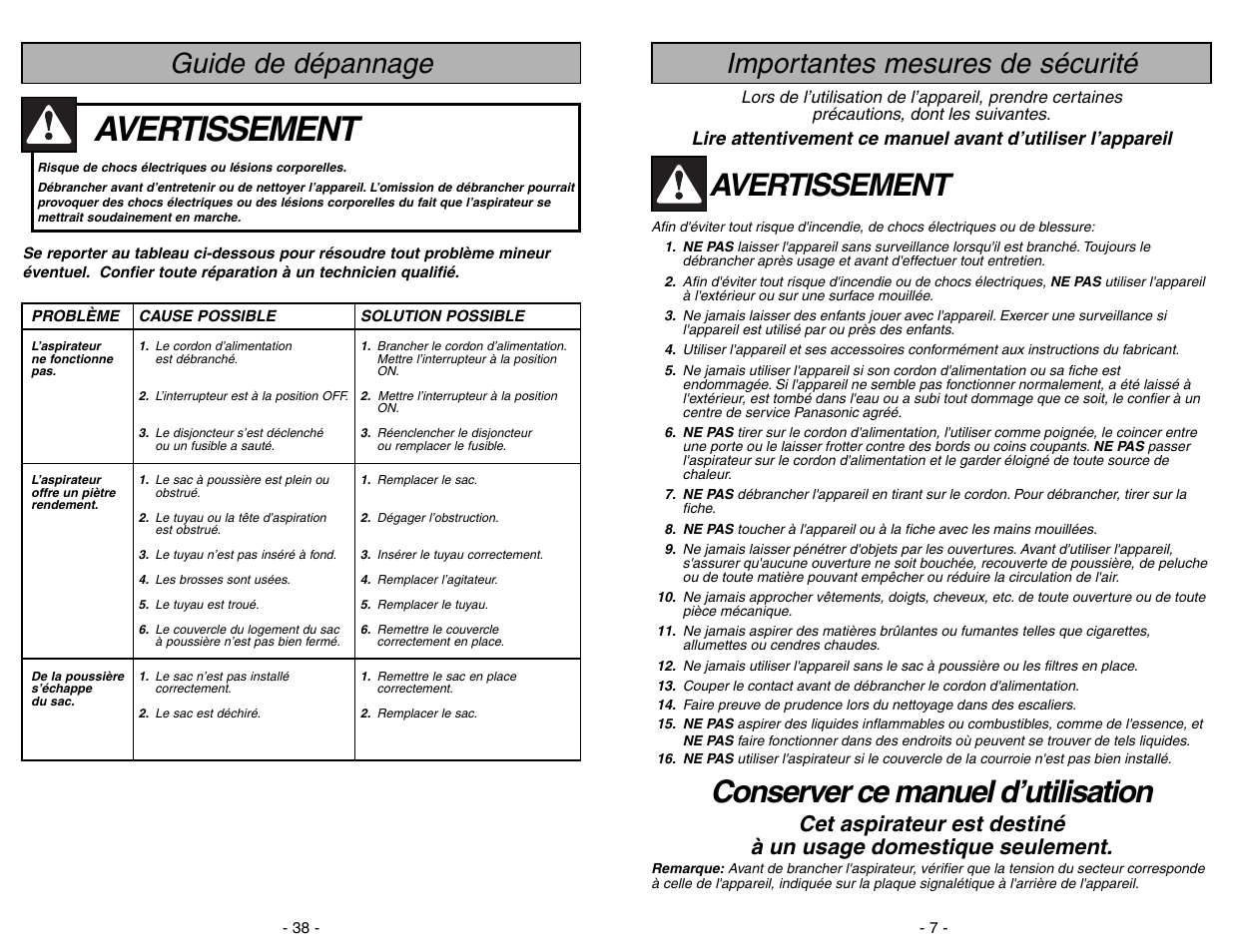 Guide de depannage, Avertissement, Conserver ce manuel d’utilisation | Guide de dépannage, Importantes mesures de sécurité | Panasonic MC-V7428 User Manual | Page 38 / 44