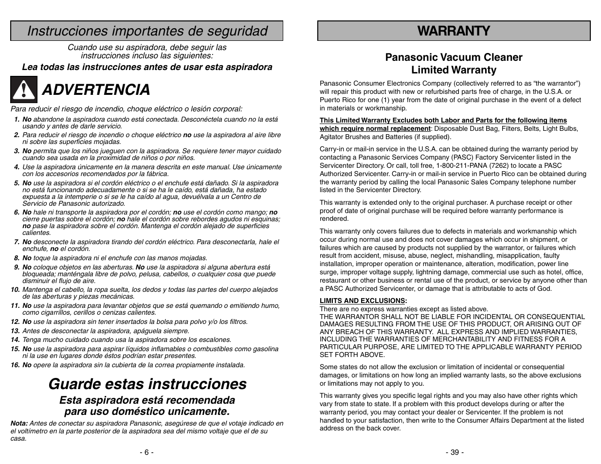 Warranty, Advertencia, Guarde estas instrucciones | Instrucciones importantes de seguridad, Panasonic vacuum cleaner limited warranty | Panasonic MC-V7428 User Manual | Page 39 / 44