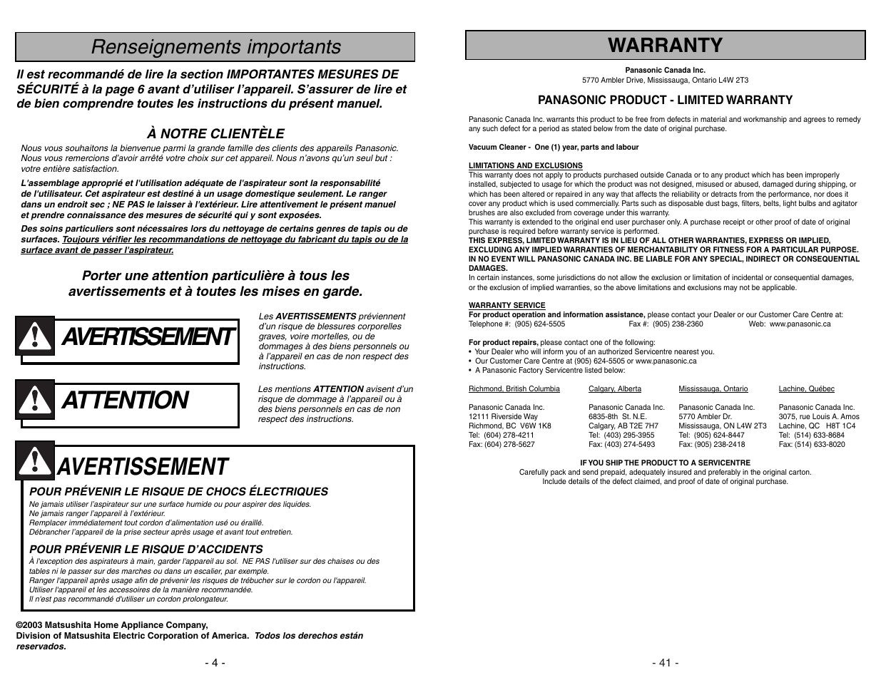 Attention, Avertissement, Renseignements importants | Warranty, À notre clientèle | Panasonic MC-V7428 User Manual | Page 41 / 44