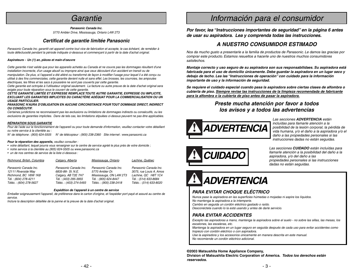Garantie, Advertencia, Cuidado | Información para el consumidor, A nuestro consumidor estimado | Panasonic MC-V7428 User Manual | Page 42 / 44