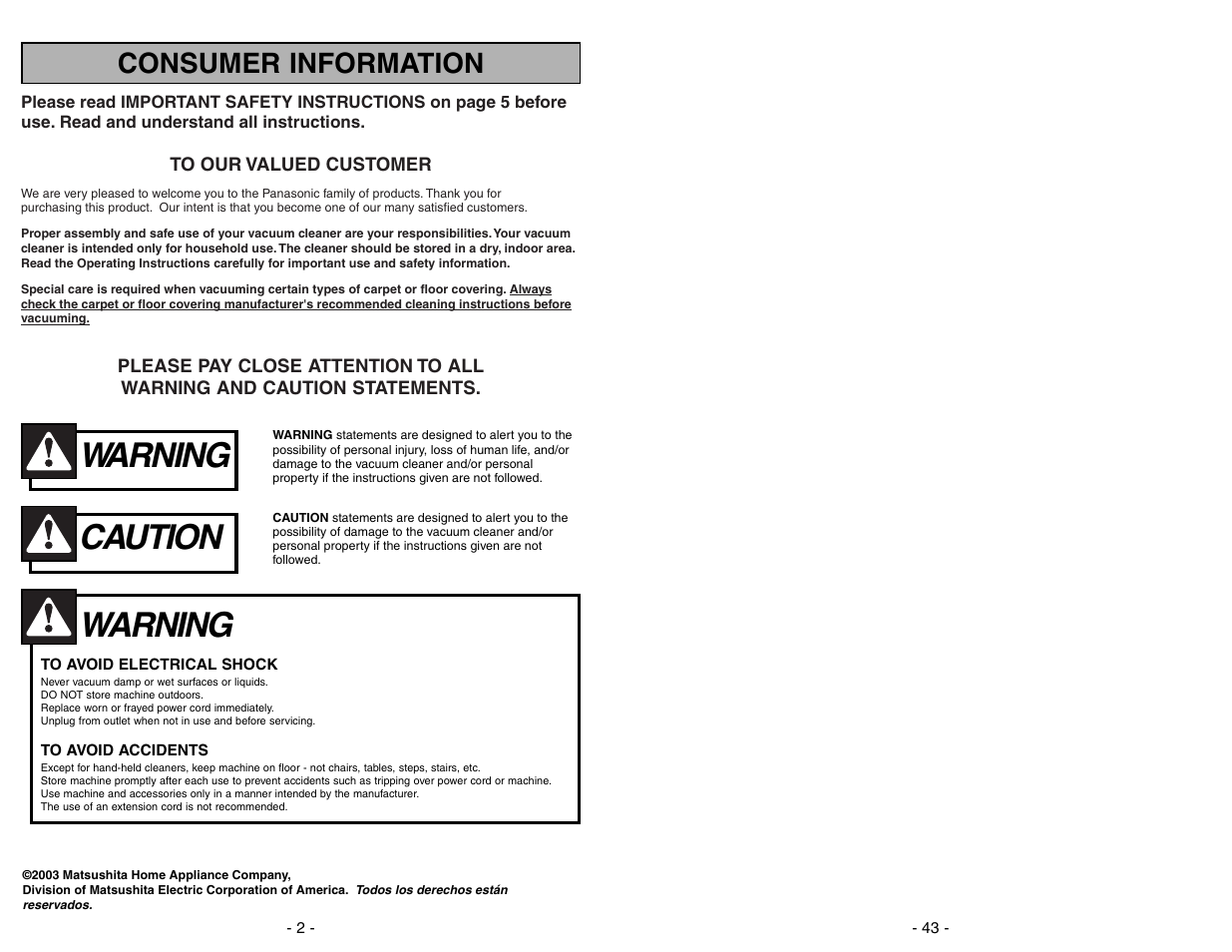 Warning, Caution, Consumer information | Panasonic MC-V7428 User Manual | Page 43 / 44