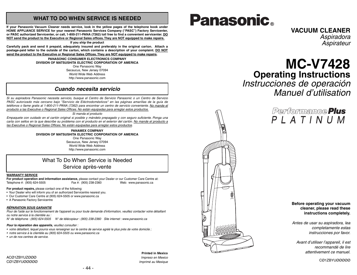 What to do when service is needed, Cuando necesita servicio, Service apres-vente | Mc-v7428, Aspiradora aspirateur, Vacuum cleaner | Panasonic MC-V7428 User Manual | Page 44 / 44