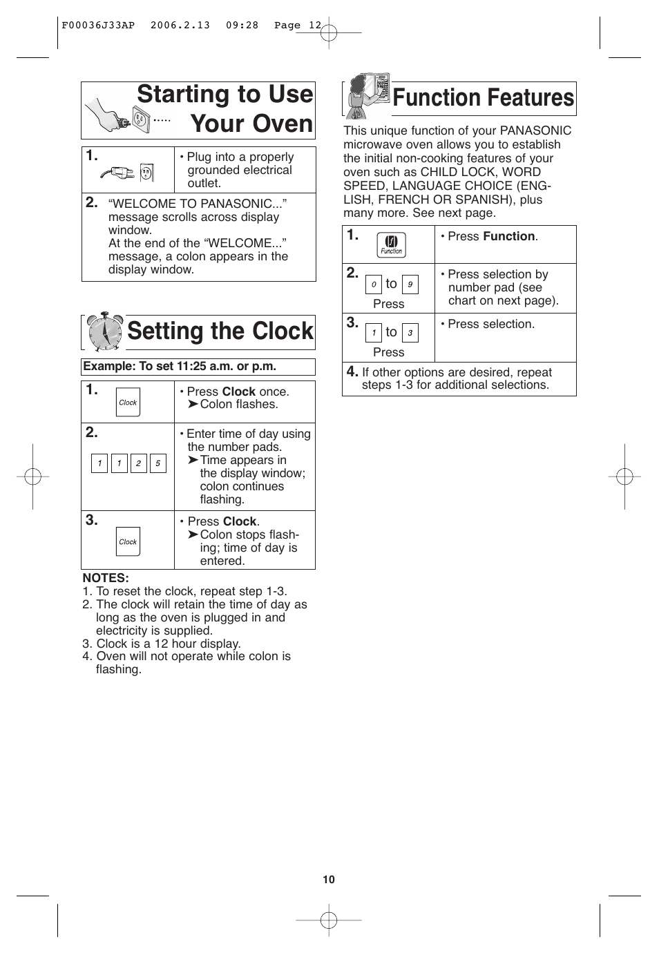 Starting to use your oven, Setting the clock, Function feature | Function features starting to use your oven | Panasonic S955 User Manual | Page 12 / 60