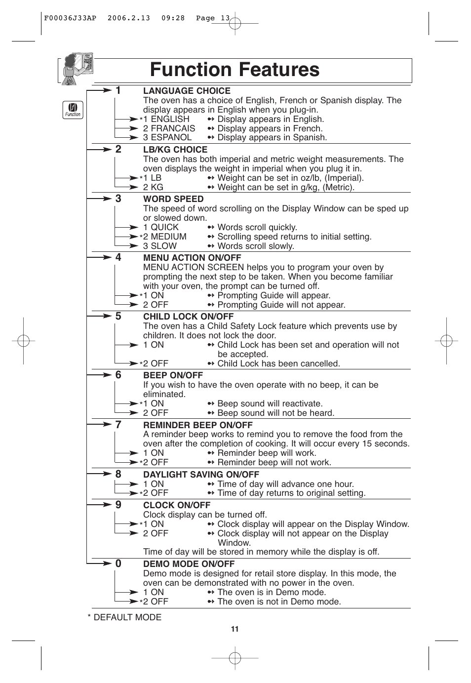 Function features | Panasonic S955 User Manual | Page 13 / 60