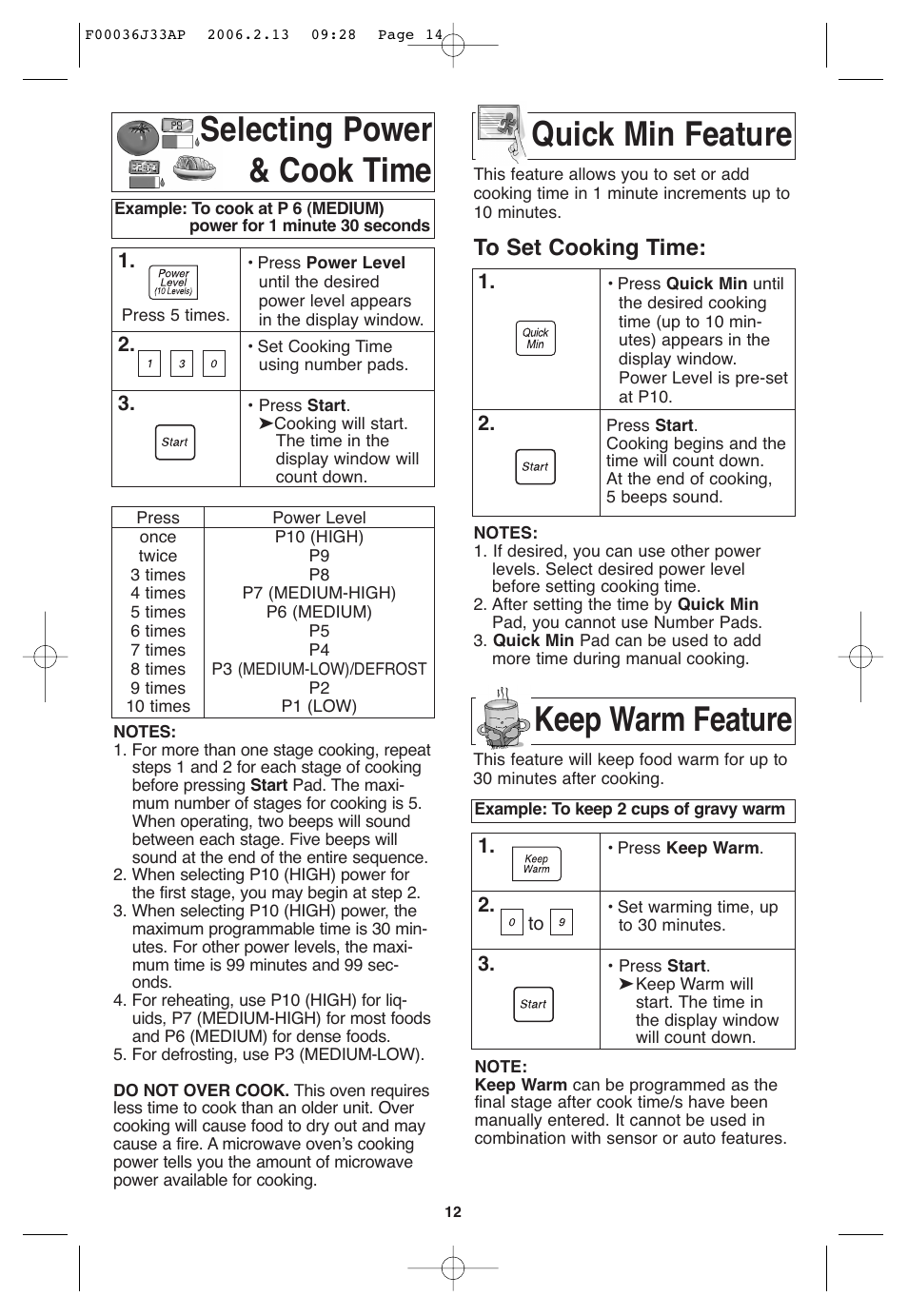 Selecting power & cook time, Quick min feature, Keep warm feature | Panasonic S955 User Manual | Page 14 / 60