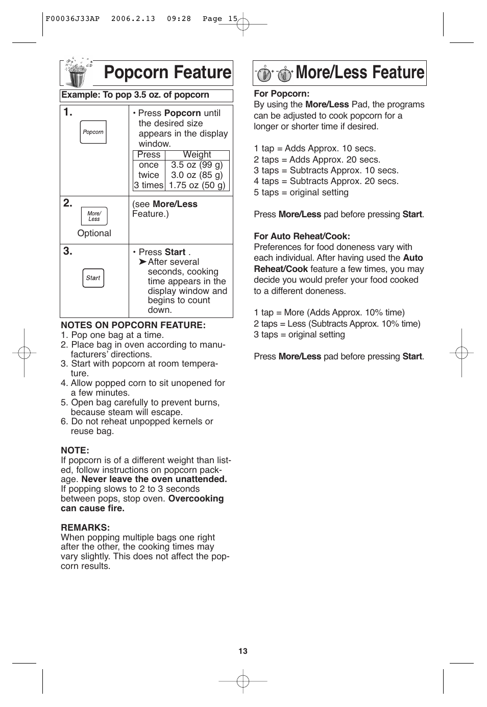Popcorn feature, More/less feature | Panasonic S955 User Manual | Page 15 / 60
