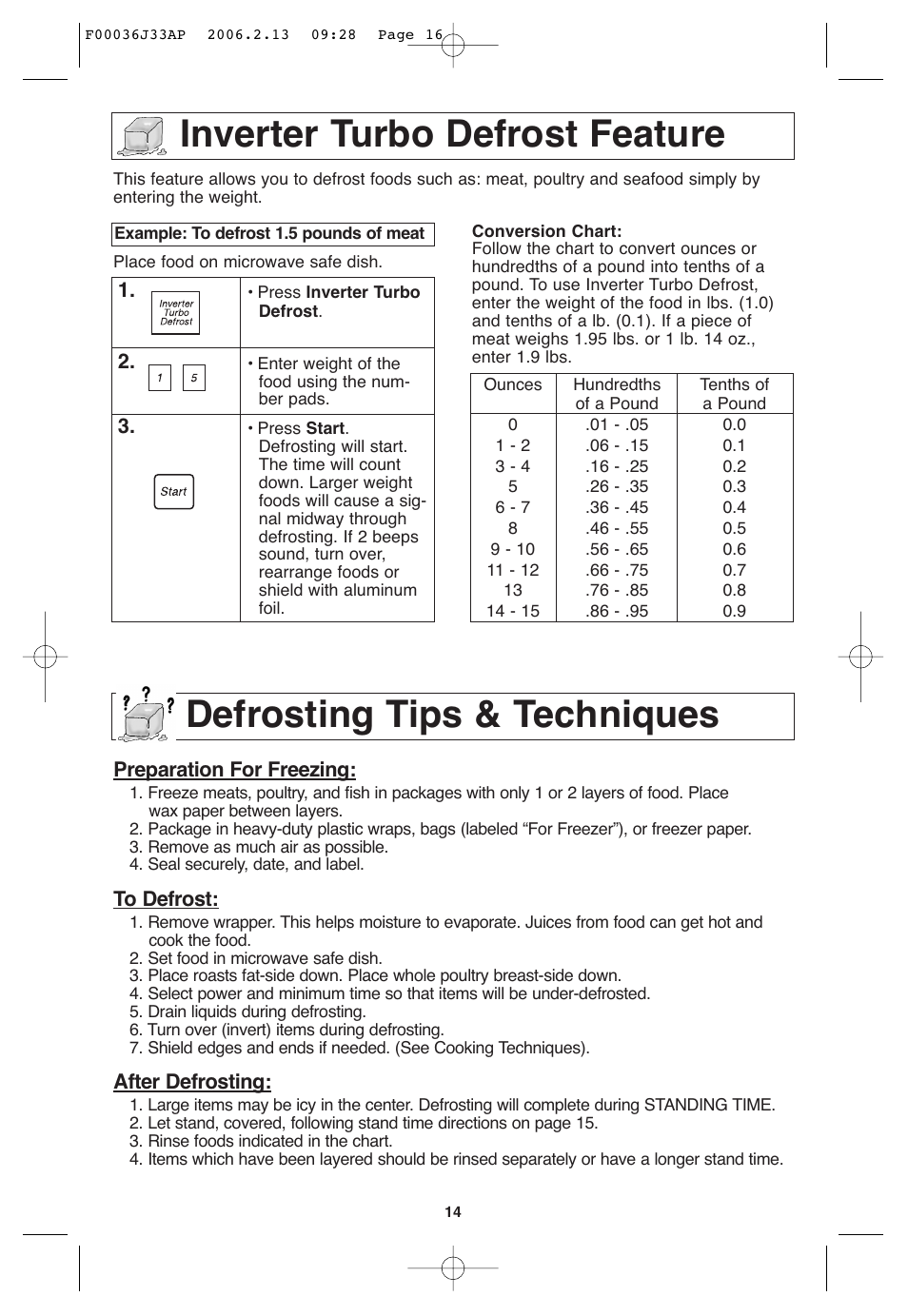 Inverter turbo defrost feature, Defrosting tips & techniques | Panasonic S955 User Manual | Page 16 / 60