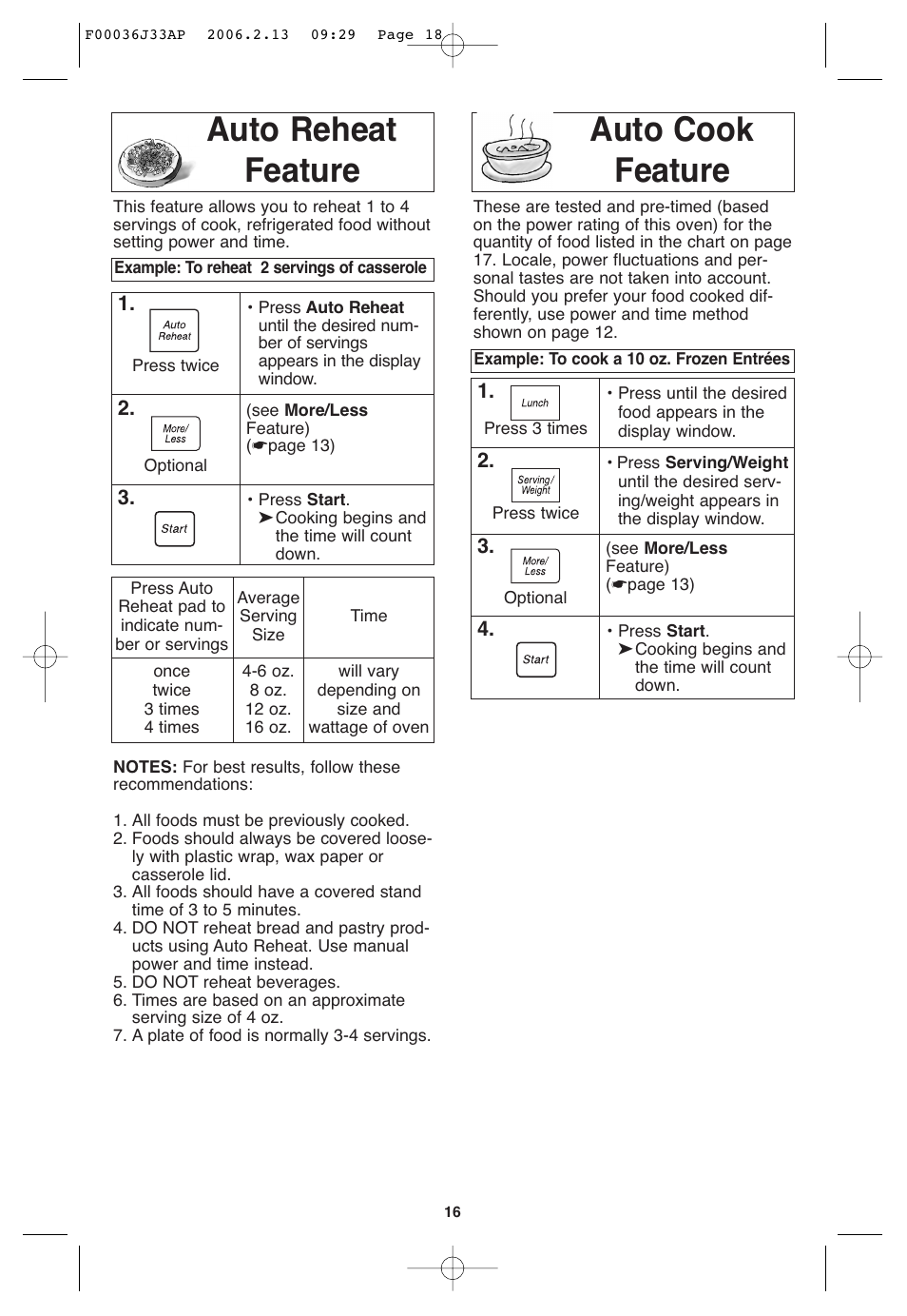 Auto reheat feature, Auto cook feature, Auto reheat feature auto cook feature | Panasonic S955 User Manual | Page 18 / 60