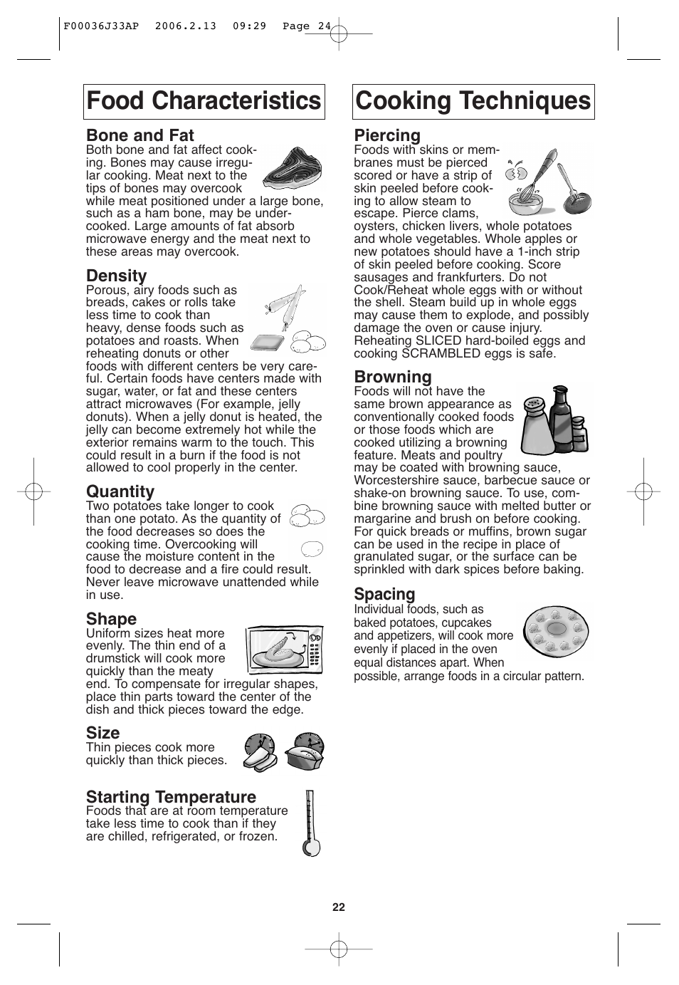 Food characteristics, Cooking techniques, Food characteristics cooking techniques | Panasonic S955 User Manual | Page 24 / 60