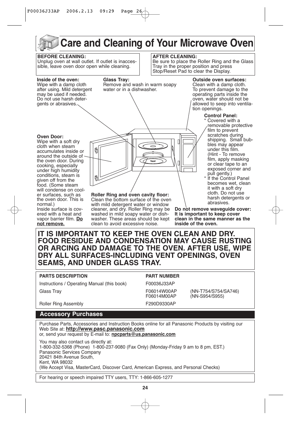 Maintenance, Care and cleaning of your microwave oven, Accessory purchases | Panasonic S955 User Manual | Page 26 / 60