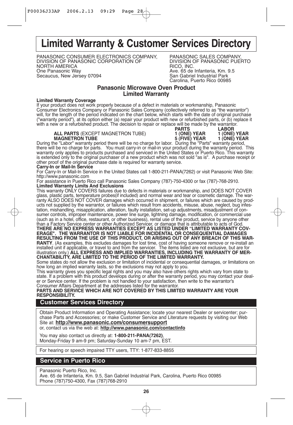 Limited warranty & customer service directory, Limited warranty & customer services directory | Panasonic S955 User Manual | Page 28 / 60