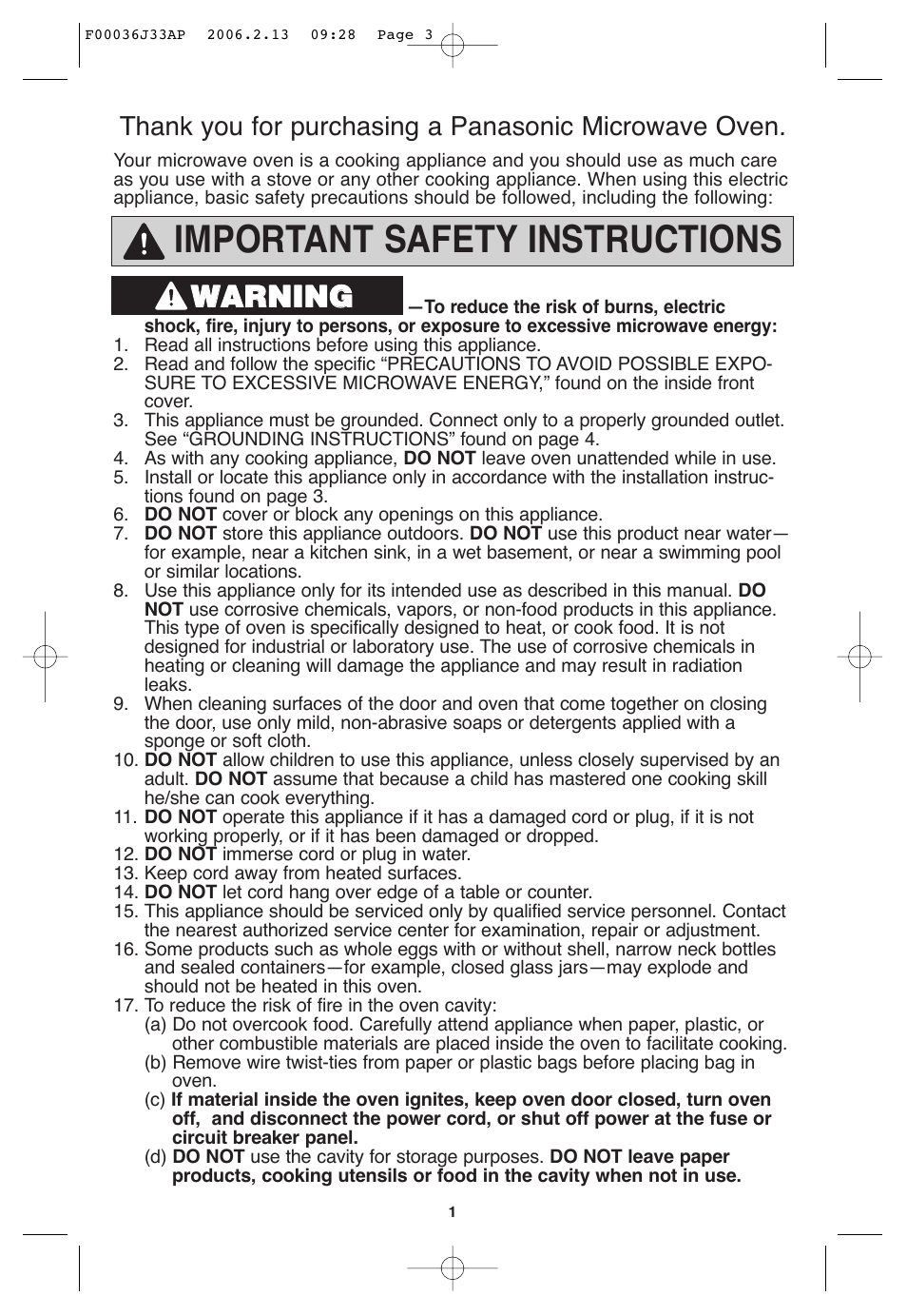 Important safety instructions, Wwa ar rn niin ng g | Panasonic S955 User Manual | Page 3 / 60