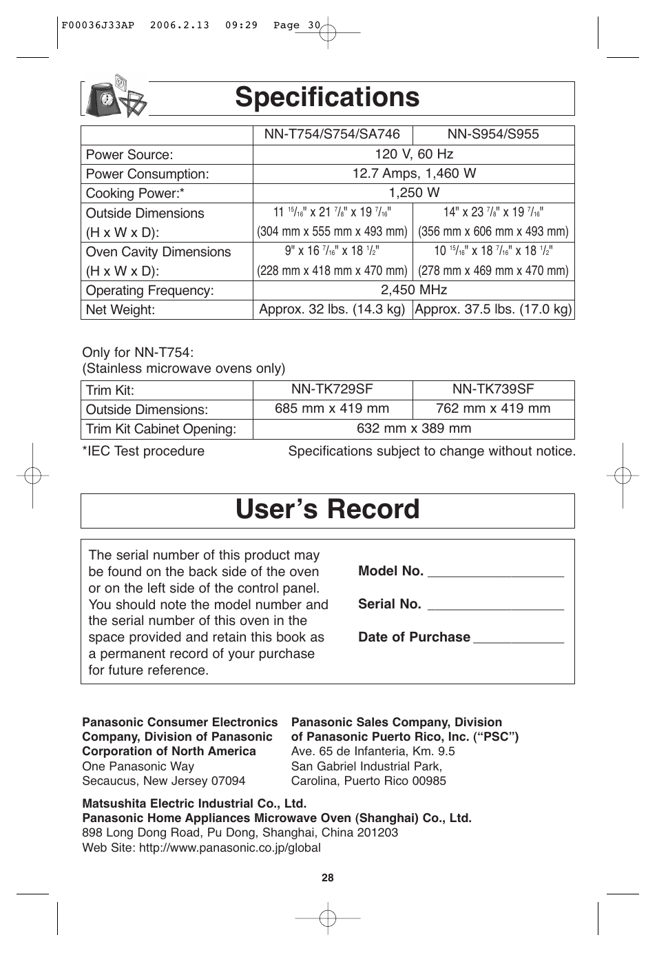 Specifications, User's record, User’s record | Panasonic S955 User Manual | Page 30 / 60