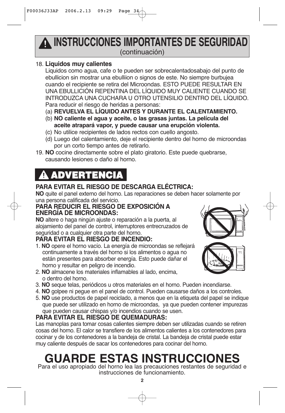 Instrucciones importantes de seguridad, Guarde estas instrucciones, Aad dv ve er rt te en nc ciia a | Panasonic S955 User Manual | Page 34 / 60