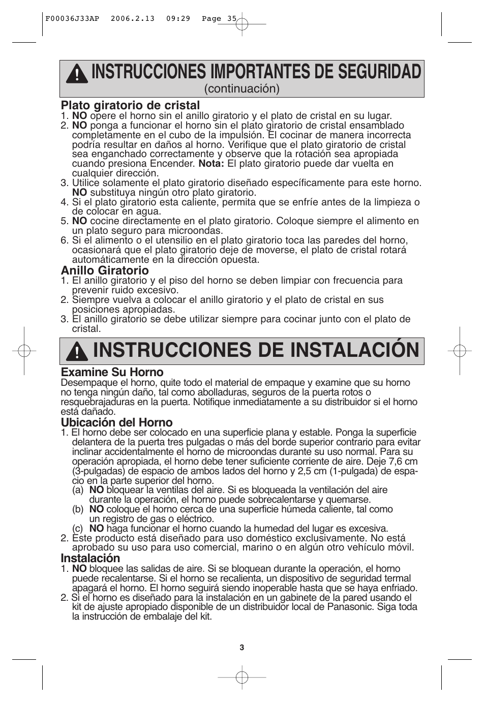 Instrucciones para instalacion y conexion a tierra, Instrucciones importantes de seguridad, Instrucciones de instalación | Panasonic S955 User Manual | Page 35 / 60