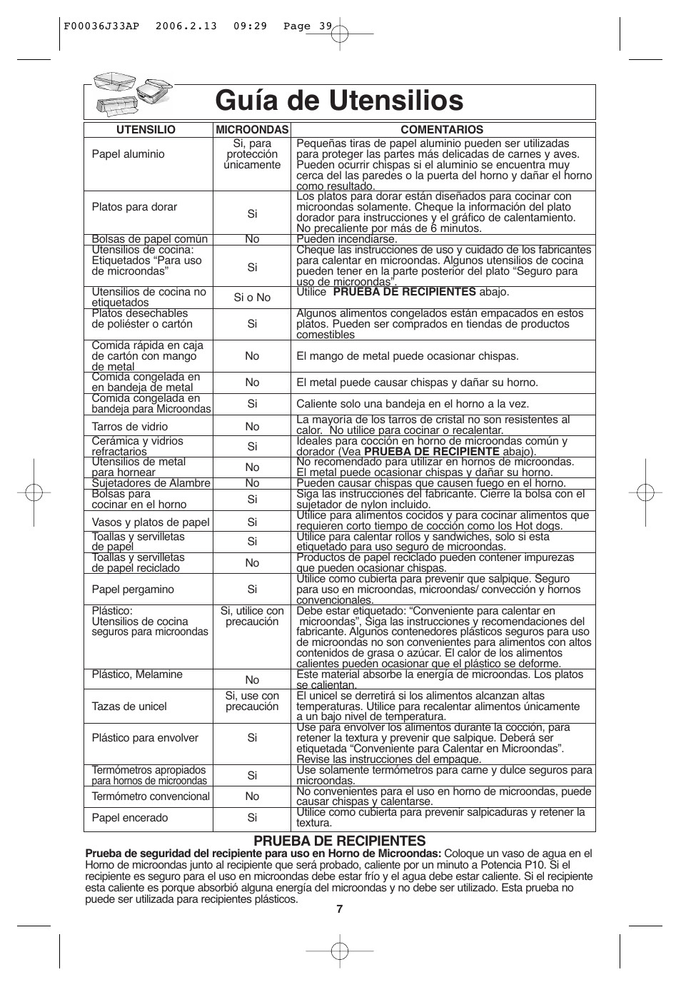 Informacion general, Guia de utensilios, Guía de utensilios | Prueba de recipientes | Panasonic S955 User Manual | Page 39 / 60