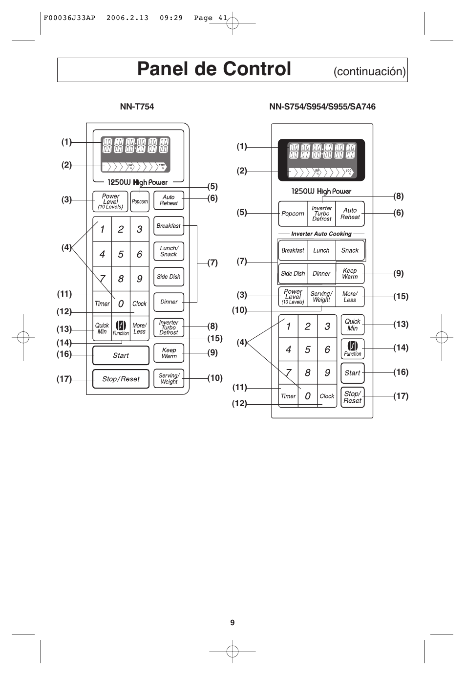 Panel de control, Continuación) | Panasonic S955 User Manual | Page 41 / 60