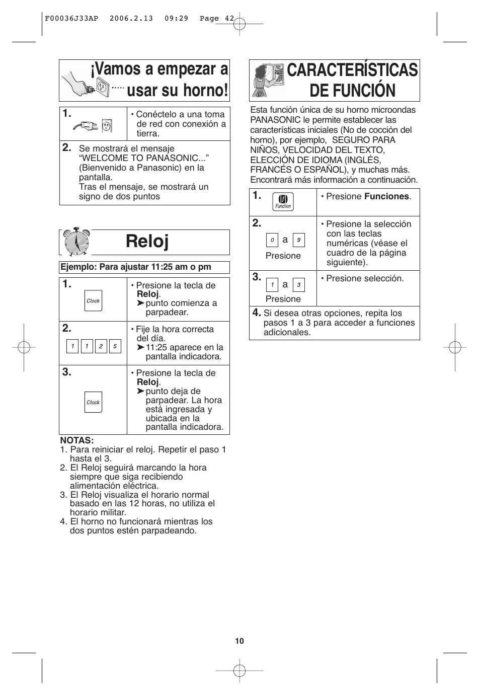 Vamos a empezar a usar su horno, Para ajuste del reloj, Caracterisiticas de funcion | Reloj | Panasonic S955 User Manual | Page 42 / 60