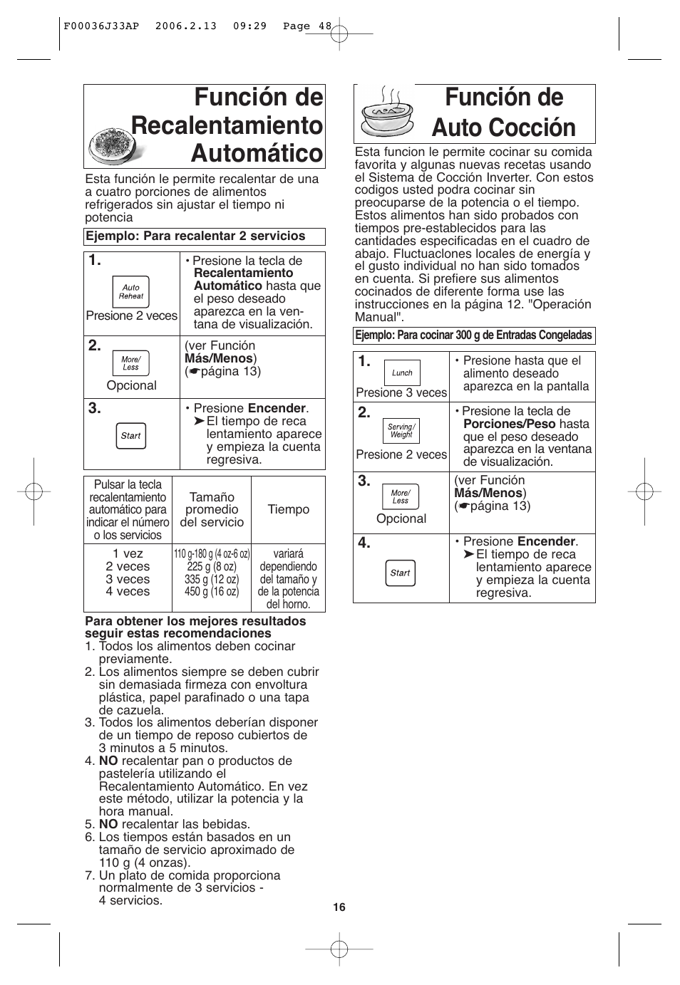 Funcion de auto coccion, Funcion de recalentamiento automatico | Panasonic S955 User Manual | Page 48 / 60