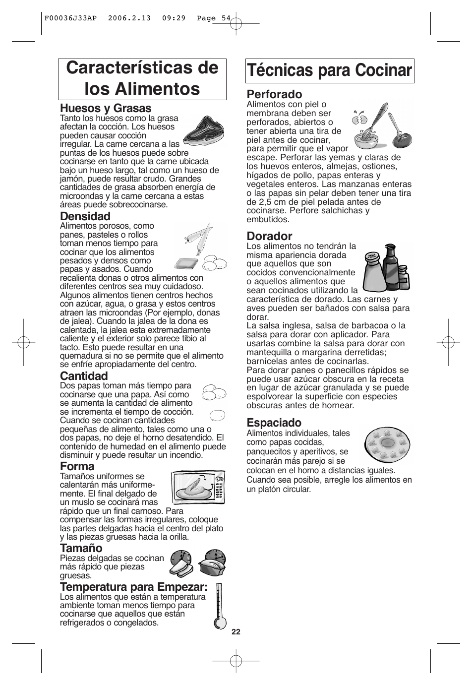 Caracteristicas de los alimentos, Tecnicas para cocinar | Panasonic S955 User Manual | Page 54 / 60