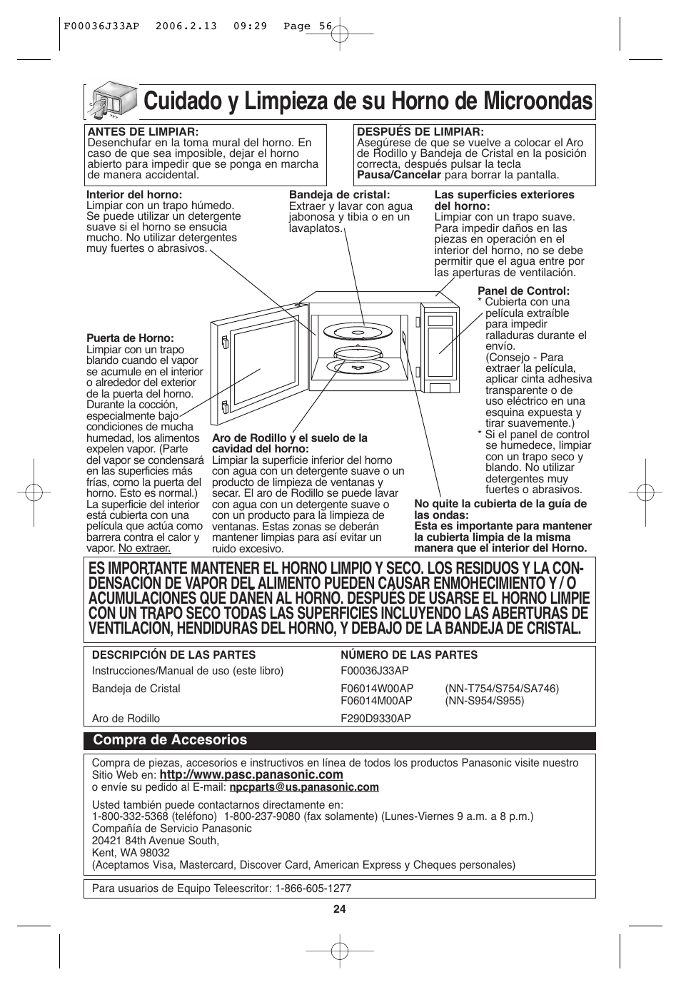 Mantenimiento, Cuidado y limpieza de su horno de microondas, Compra de accesorios | Panasonic S955 User Manual | Page 56 / 60