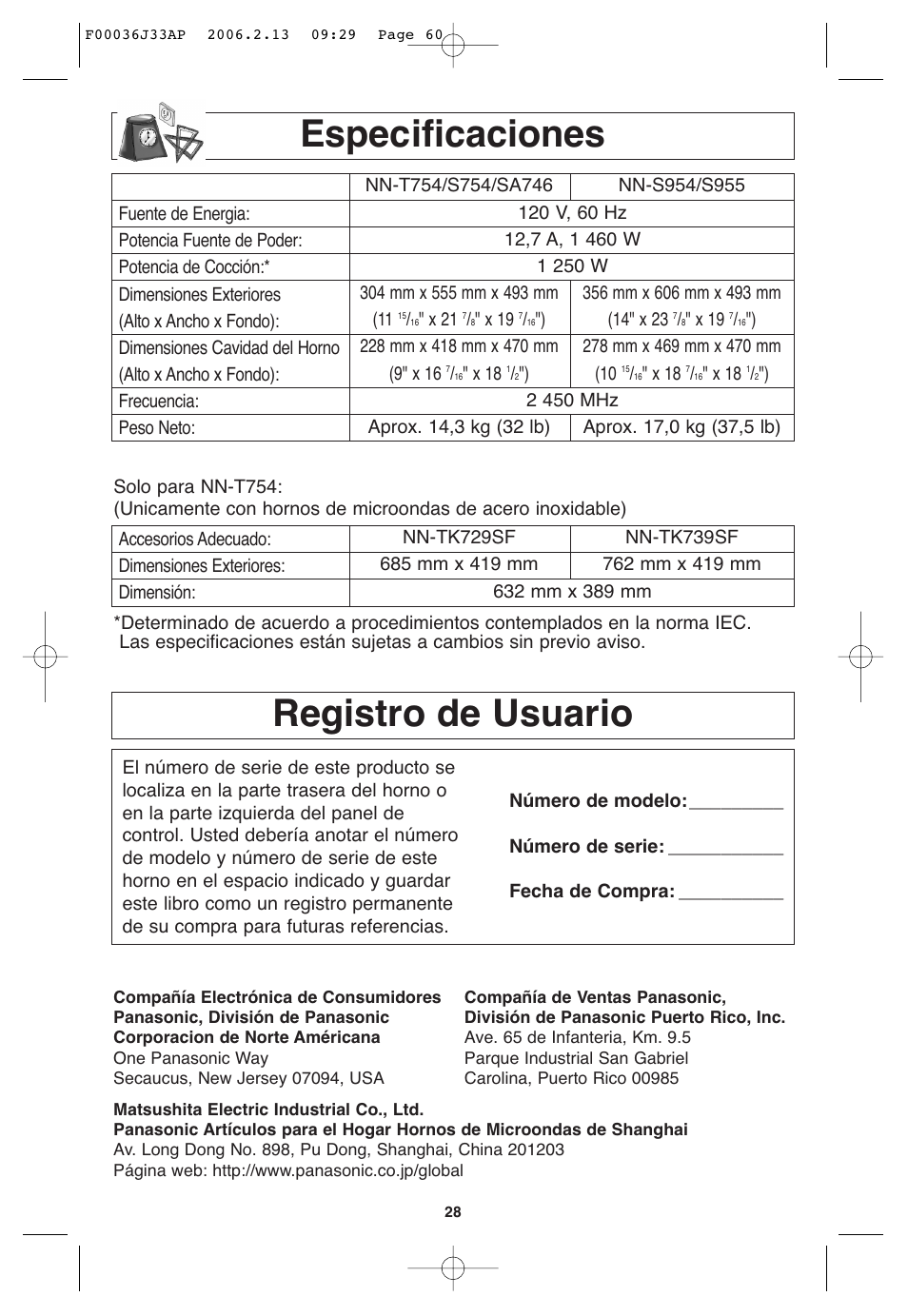 Especificaciones, Registro del usuario, Registro de usuario | Panasonic S955 User Manual | Page 60 / 60