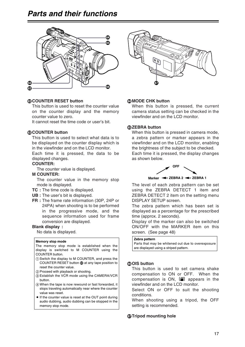 Parts and their functions | Panasonic AG-DVX100AP User Manual | Page 17 / 72