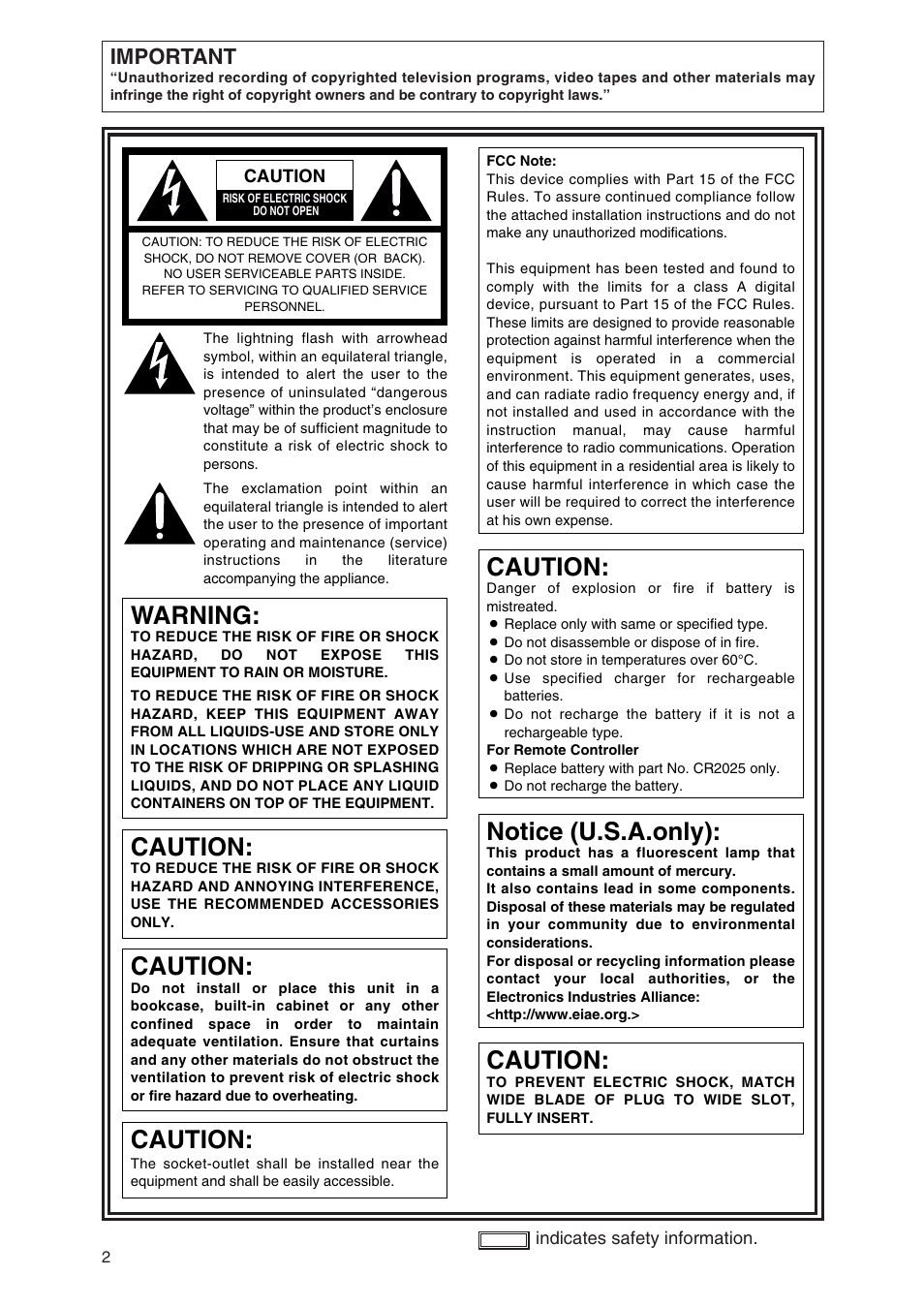 Caution, Warning, Notice (u.s.a.only) | Important | Panasonic AG-DVX100AP User Manual | Page 2 / 72