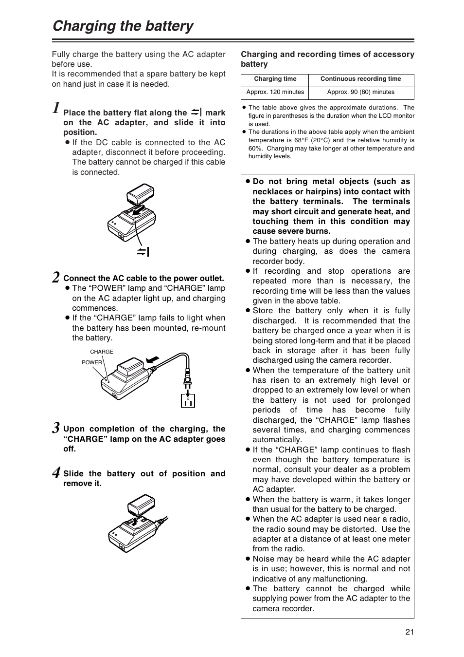 Charging the battery | Panasonic AG-DVX100AP User Manual | Page 21 / 72