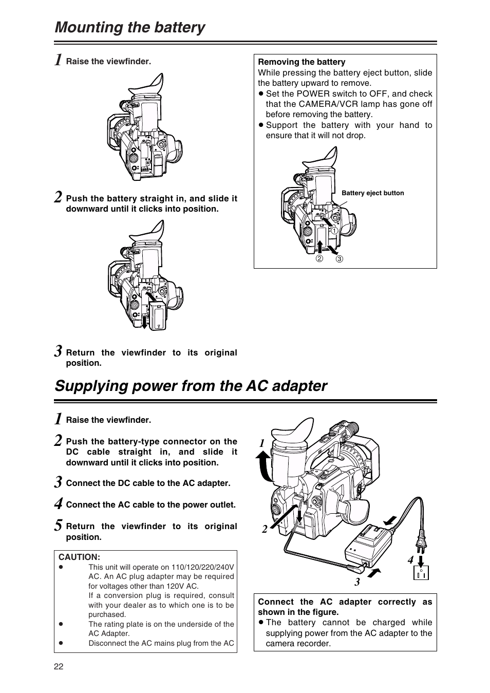Mounting the battery, Supplying power from the ac adapter | Panasonic AG-DVX100AP User Manual | Page 22 / 72