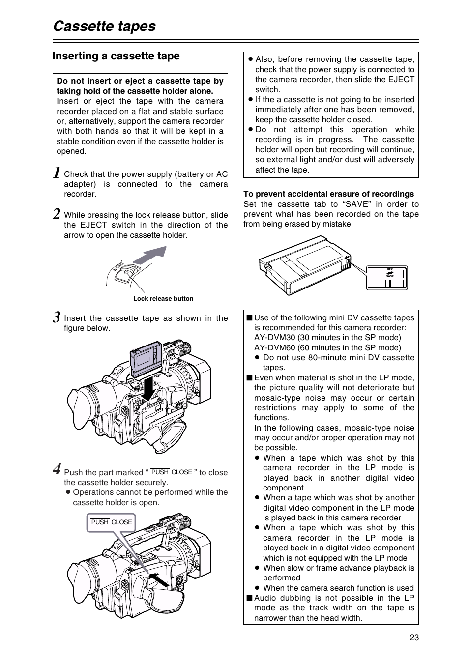 Cassette tapes, Inserting a cassette tape | Panasonic AG-DVX100AP User Manual | Page 23 / 72