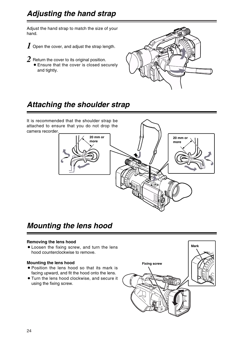 Adjusting the hand strap, Attaching the shoulder strap, Mounting the lens hood | Panasonic AG-DVX100AP User Manual | Page 24 / 72