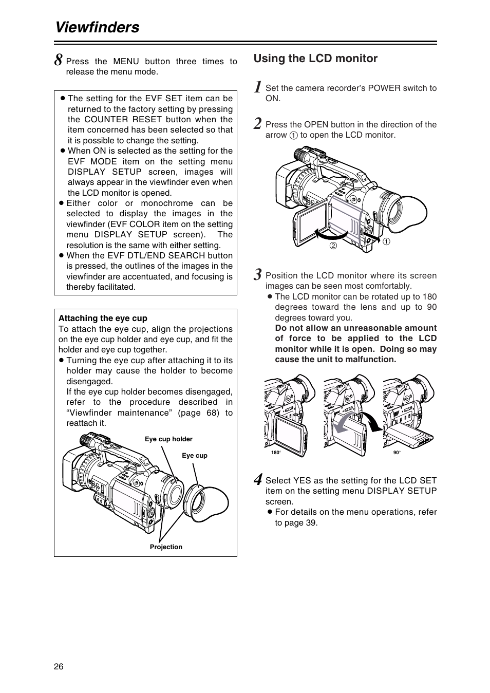 Viewfinders, Using the lcd monitor | Panasonic AG-DVX100AP User Manual | Page 26 / 72