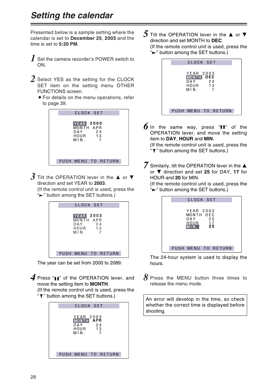 Setting the calendar | Panasonic AG-DVX100AP User Manual | Page 28 / 72