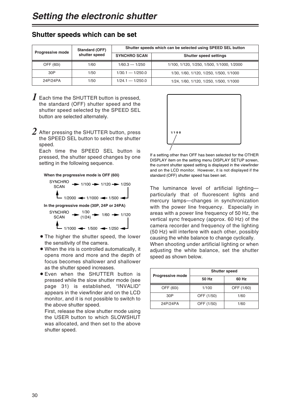Setting the electronic shutter, Shutter speeds which can be set | Panasonic AG-DVX100AP User Manual | Page 30 / 72