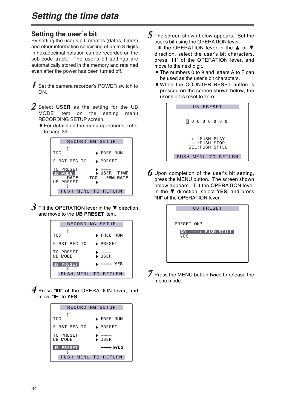Setting the time data, Setting the user's bit, Setting the user’s bit | Set the camera recorder’s power switch to on | Panasonic AG-DVX100AP User Manual | Page 34 / 72