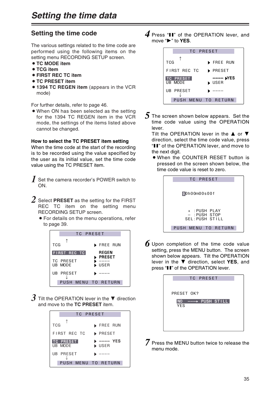Setting the time code, Setting the time data | Panasonic AG-DVX100AP User Manual | Page 35 / 72