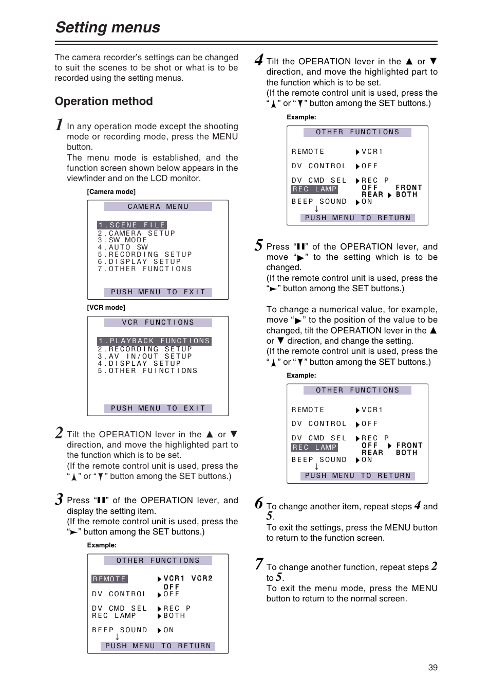 Setting menus, Operation method | Panasonic AG-DVX100AP User Manual | Page 39 / 72