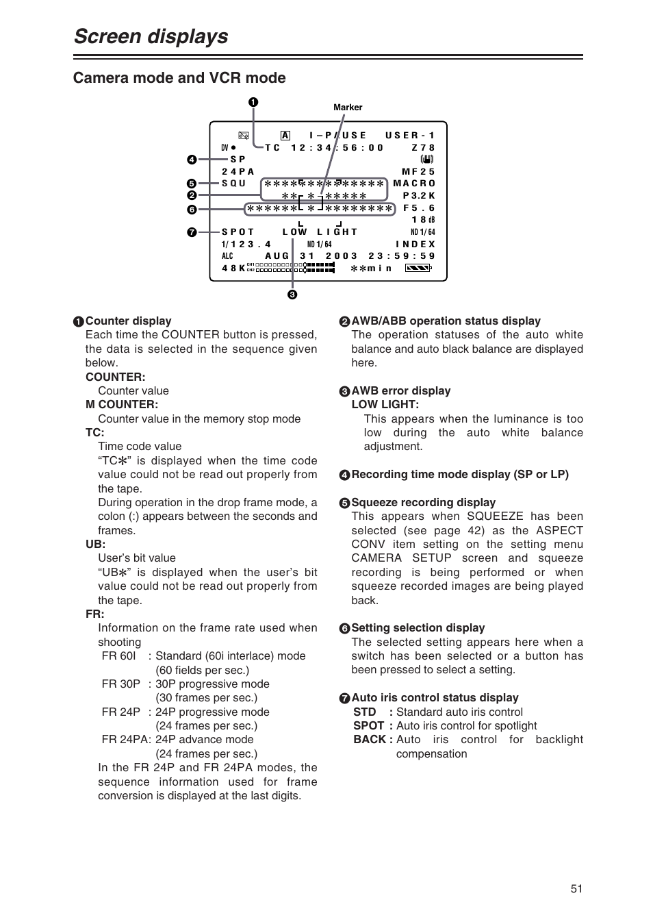 Screen displays, Camera mode and vcr mode | Panasonic AG-DVX100AP User Manual | Page 51 / 72