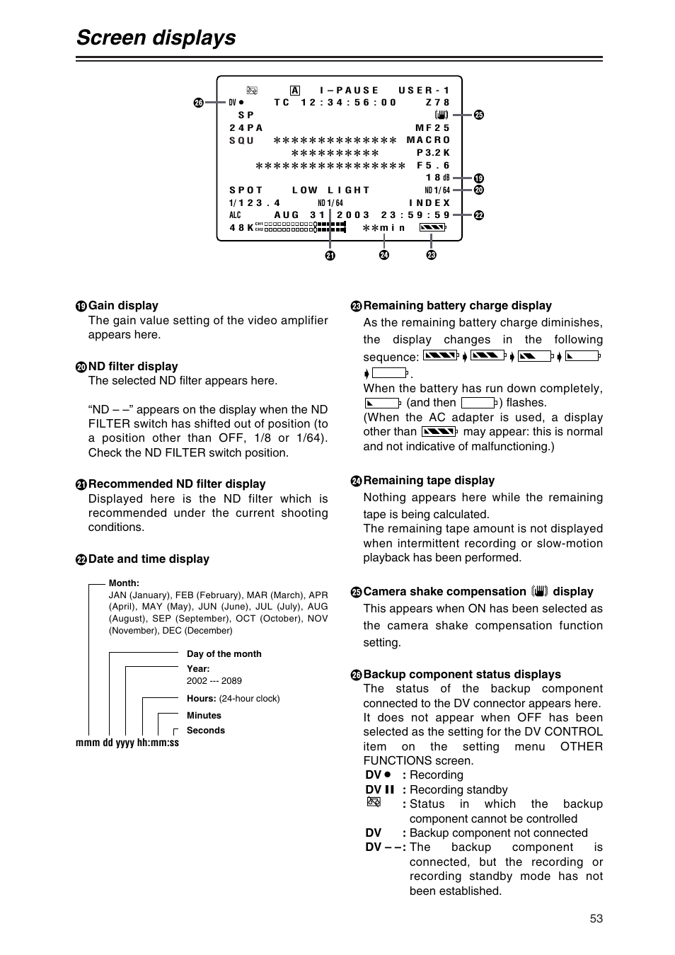 Screen displays | Panasonic AG-DVX100AP User Manual | Page 53 / 72