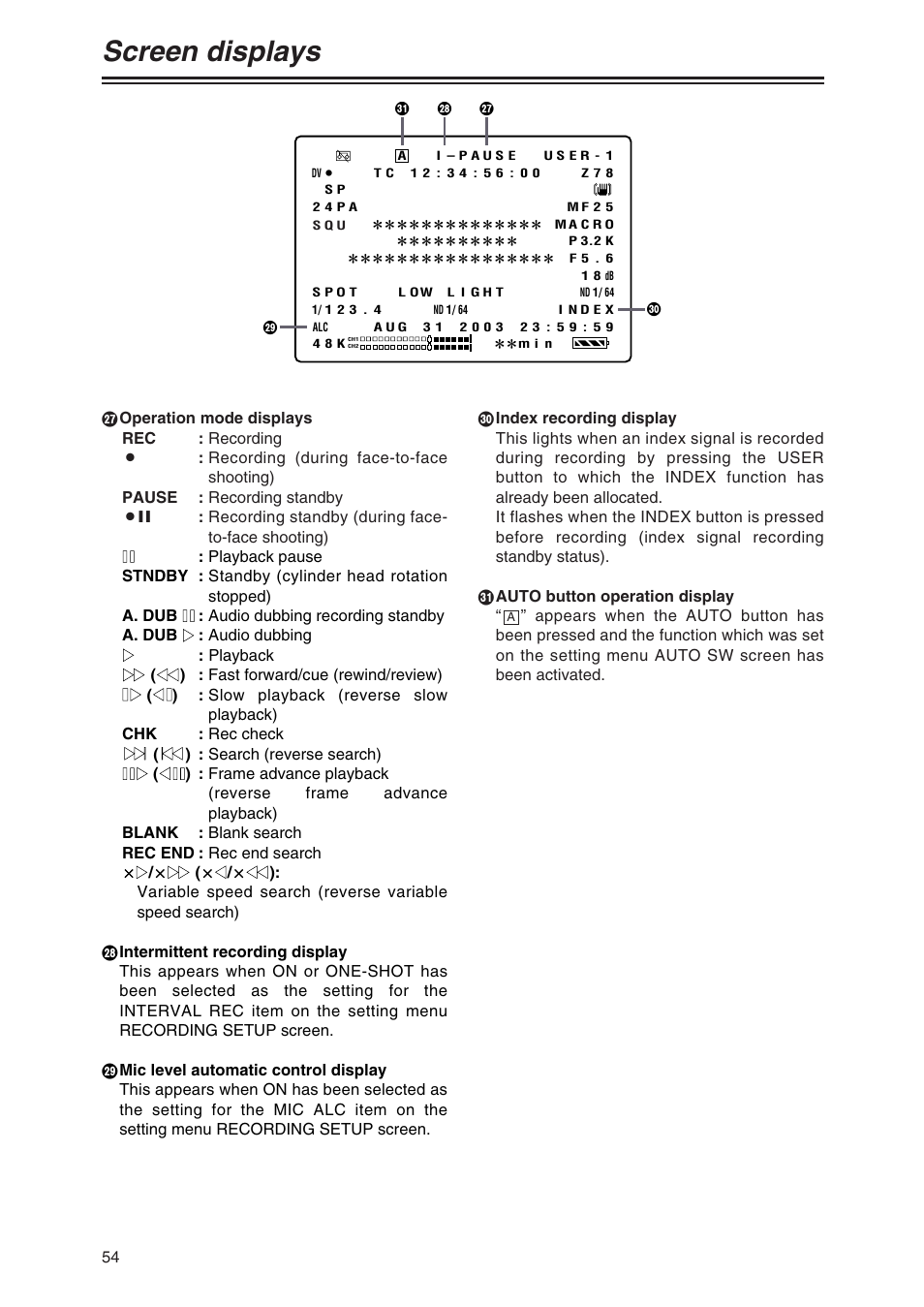 Screen displays | Panasonic AG-DVX100AP User Manual | Page 54 / 72