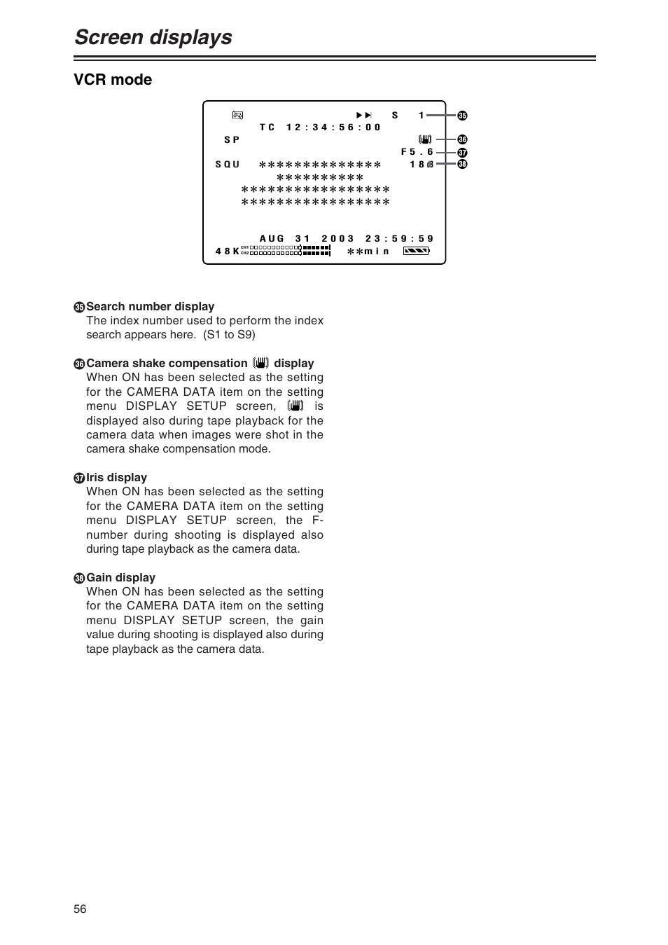 Vcr mode, Screen displays | Panasonic AG-DVX100AP User Manual | Page 56 / 72
