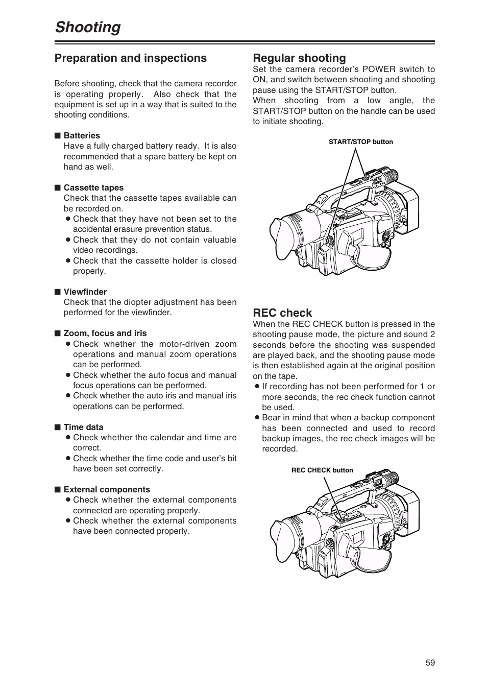 Shooting, Preparation and inspections, Regular shooting | Rec check | Panasonic AG-DVX100AP User Manual | Page 59 / 72