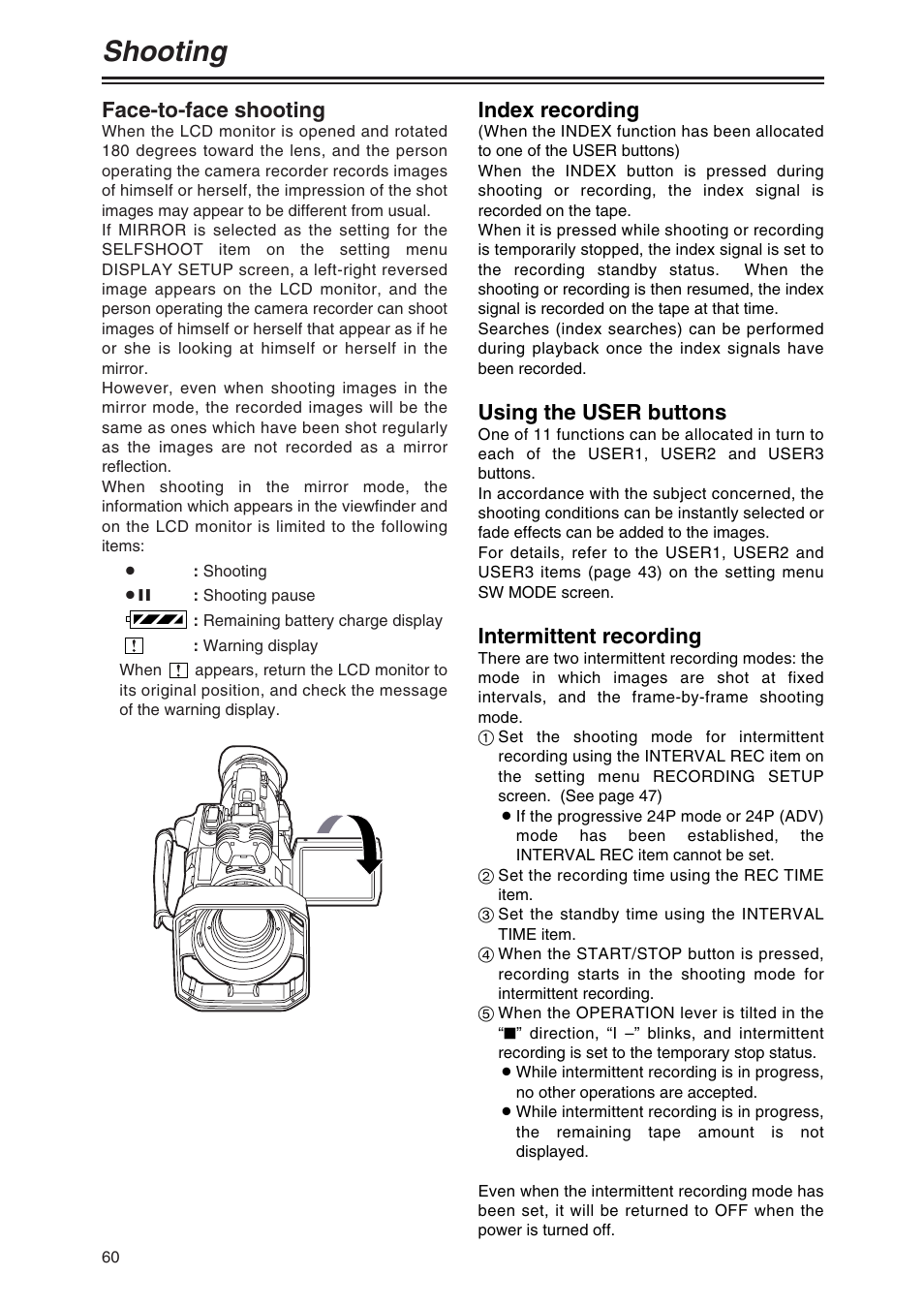 Face-to-face shooting, Index recording, Using the user buttons | Intermittent recording, Shooting | Panasonic AG-DVX100AP User Manual | Page 60 / 72