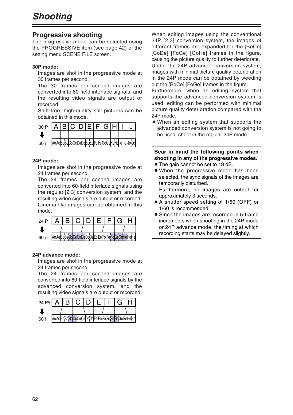 Progressive shooting, Shooting | Panasonic AG-DVX100AP User Manual | Page 62 / 72