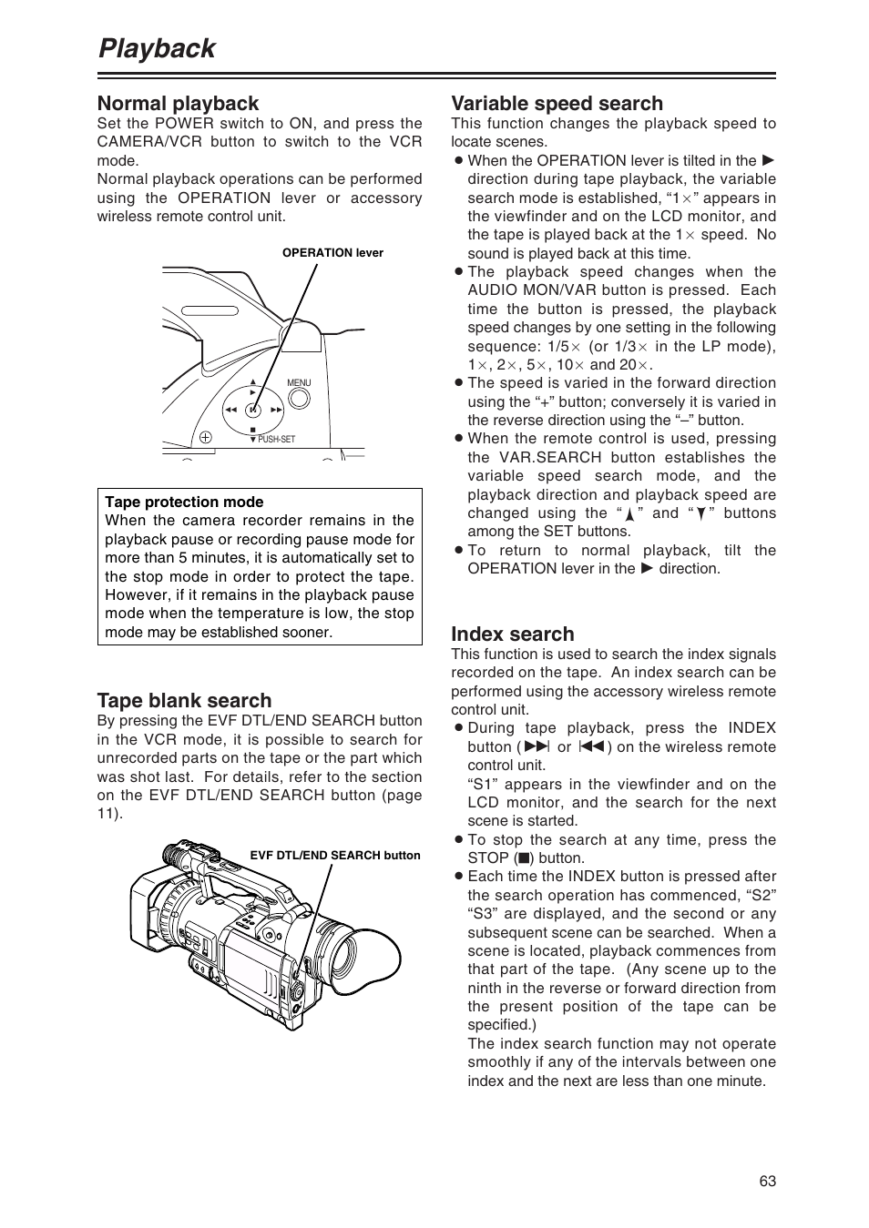 Playback, Normal playback, Tape blank search | Variable speed search, Index search | Panasonic AG-DVX100AP User Manual | Page 63 / 72