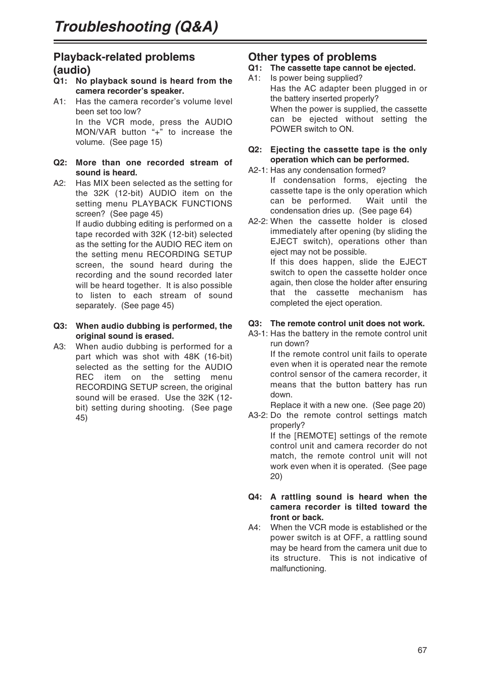Playback-related problems (audio), Other types of problems, Troubleshooting (q&a) | Panasonic AG-DVX100AP User Manual | Page 67 / 72