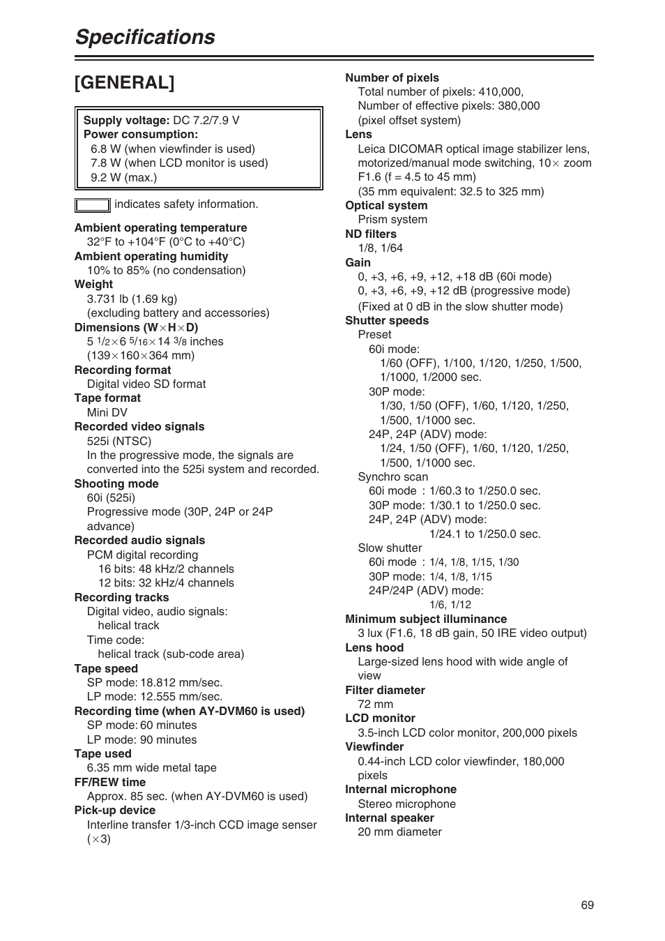 Specifications, General | Panasonic AG-DVX100AP User Manual | Page 69 / 72