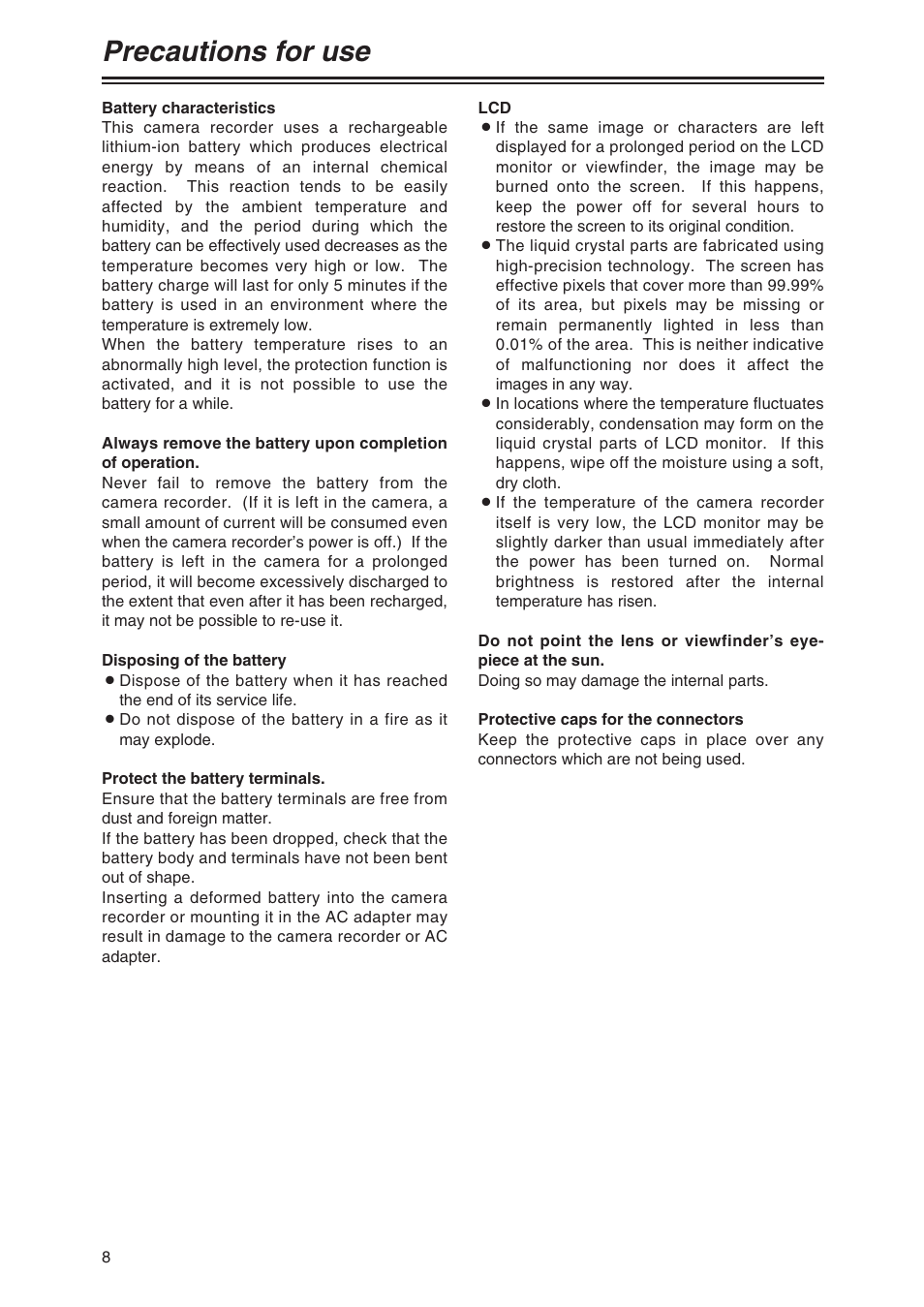 Precautions for use | Panasonic AG-DVX100AP User Manual | Page 8 / 72