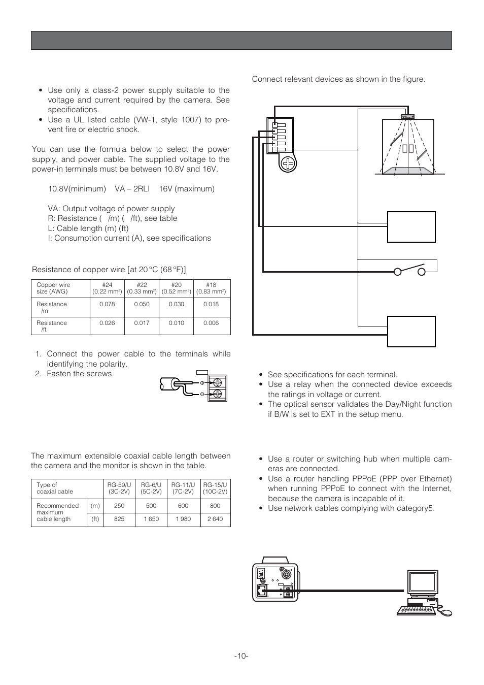 Connections, Power-in connections, Video cable connections | Control terminal connections, Network connections, Network connection types | Panasonic WV-NP472 User Manual | Page 10 / 47